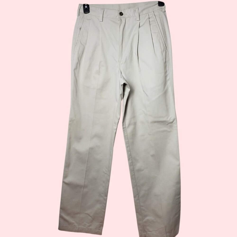 Haggar Mens Classic Fit Pleated Pants Cotton Blend Cream 30x32